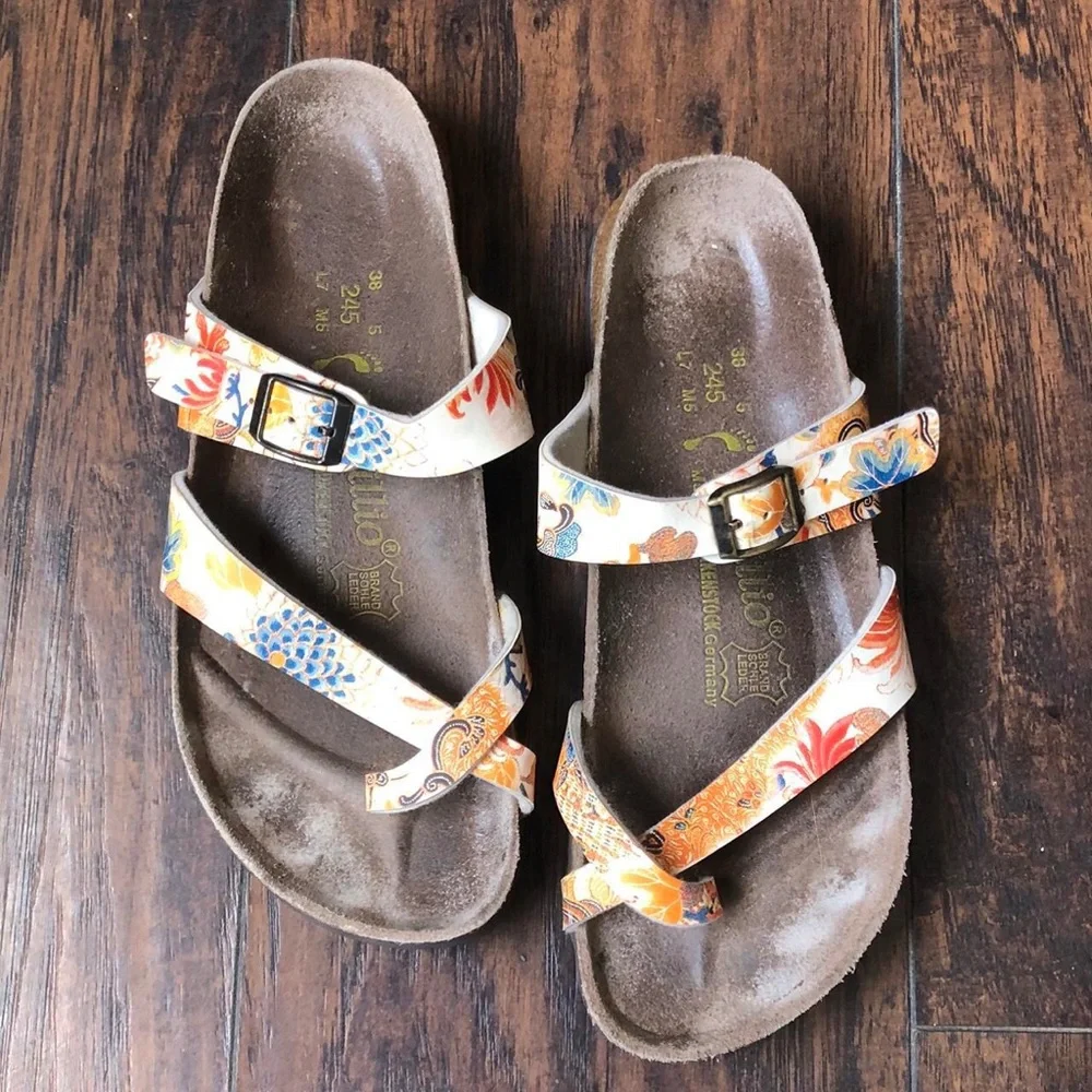 Papillio Birkenstock Mayori Tabora Floral Tropical Garden Slides Sandal Toe Loop - Picture 1 of 5